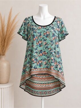 Society Mint Floral Border Scoop Neck Tunic